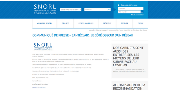 Le SNORL condamne à son tour le projet de téléconsultations ORL du réseau Santéclair Le SNORL condamne à son tour le projet de téléconsultations ORL du réseau Santéclair