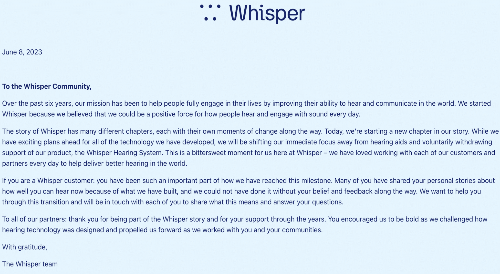 Whisper abandonne son système auditif éponyme
